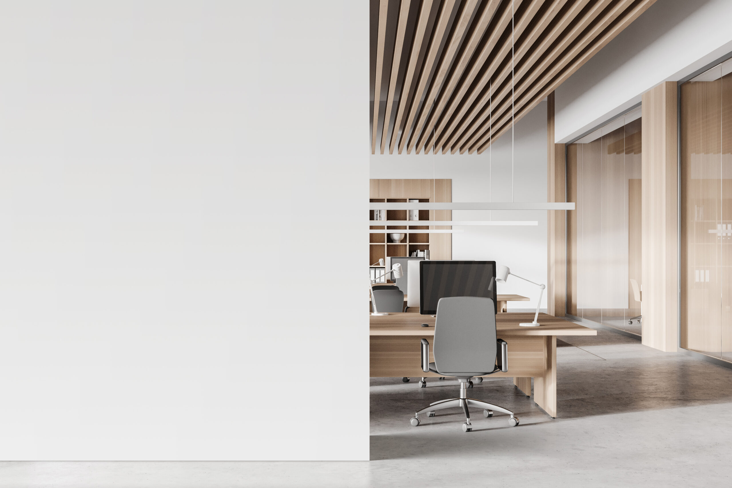 White and wooden open space office interior with mock up wall